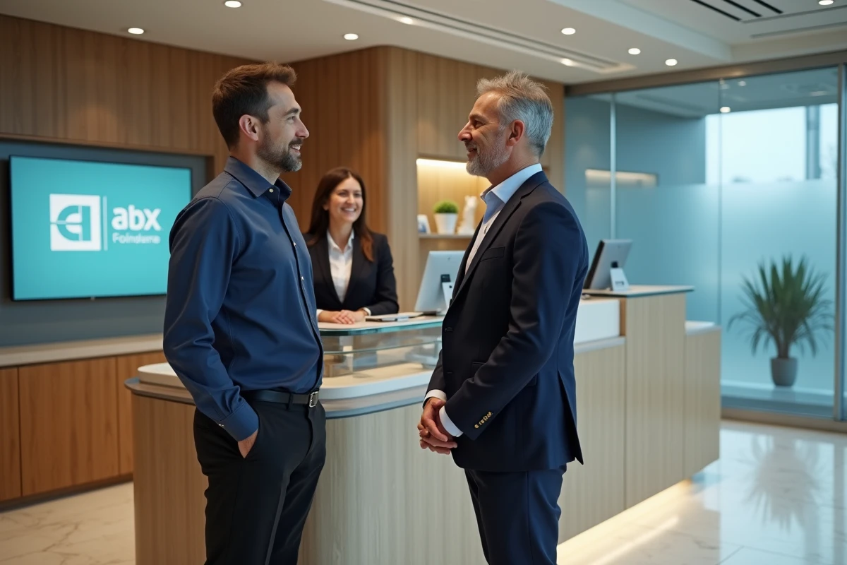 Client en discussion avec un conseiller dans une agence bancaire physique LCL pour gérer ses finances au quotidien