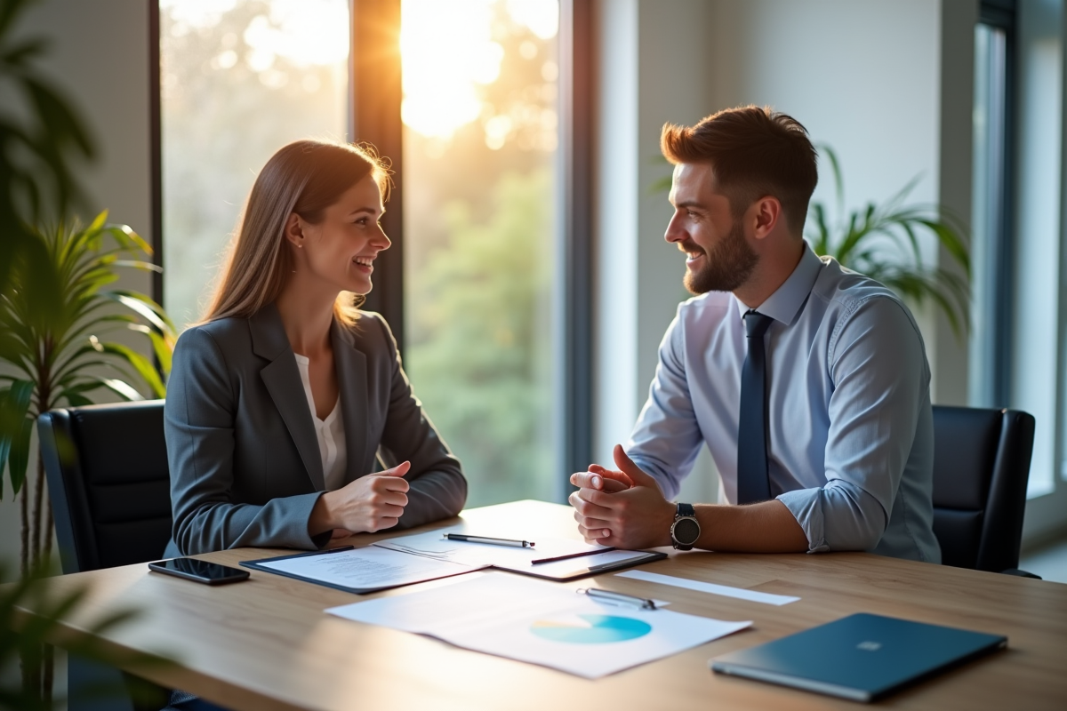 Agent d'assurance expliquant un contrat à un client souriant