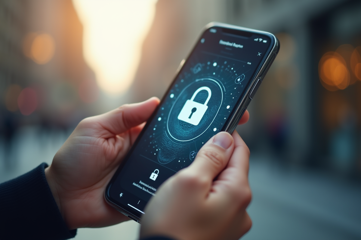 Mains tenant un smartphone avec alerte de securite cryptomonnaie