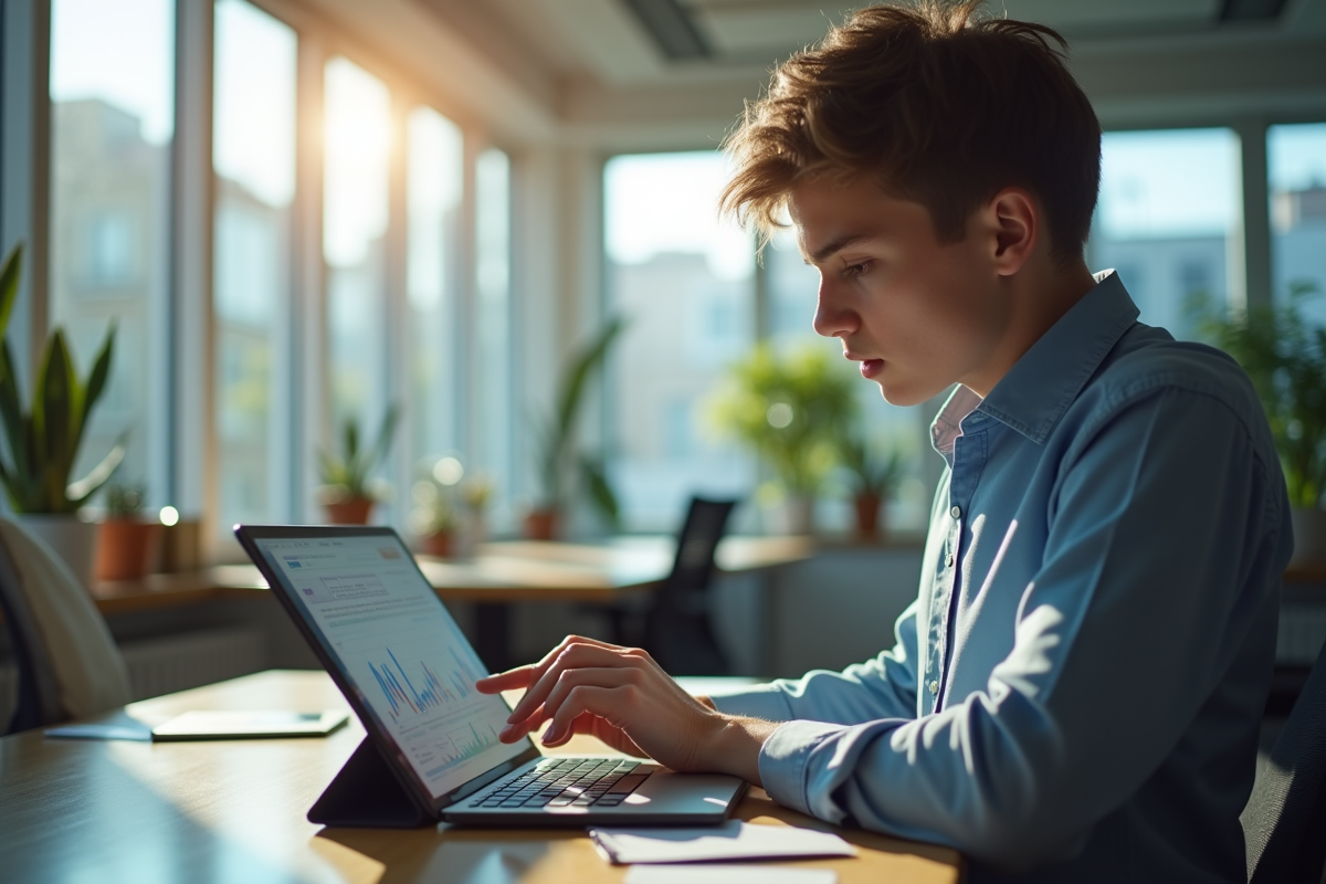 Jeune professionnel analysant des cryptomonnaies sur une tablette
