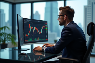 Homme concentré analysant graphiques de trading en bureau moderne