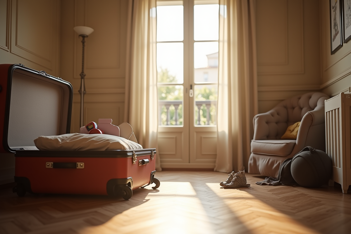 Appartement vide avec valises ouvertes et effets de voyage en lumière du matin