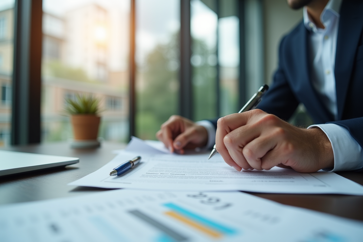 Professionnel sérieux examine un contrat d'assurance auto au bureau