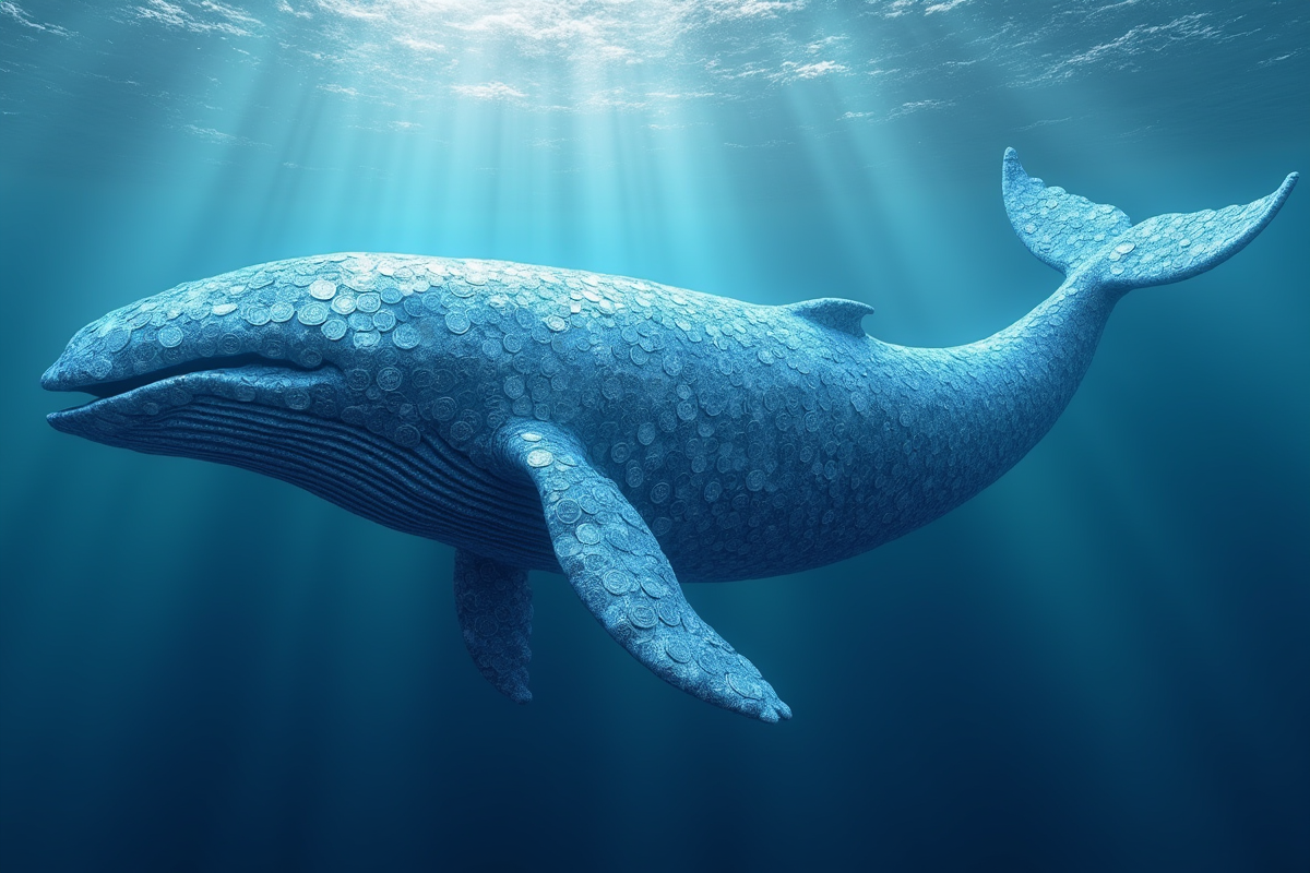 Grosse baleine bleue en pièces crypto nageant dans l'océan