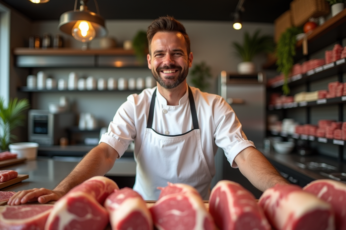 Boucher souriant derrière une vitrine de viande fraîche