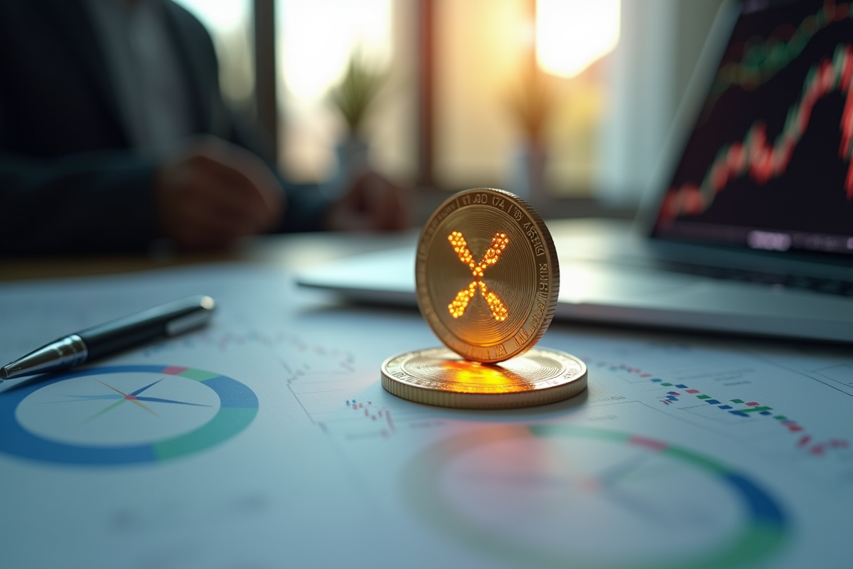 Bureau moderne avec pièce de monnaie XRP et rapports financiers