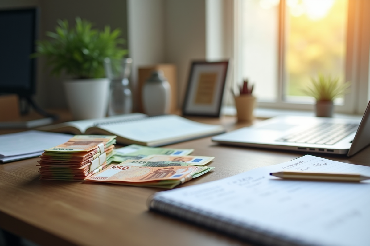 Bureau moderne avec billets euro et notes financières