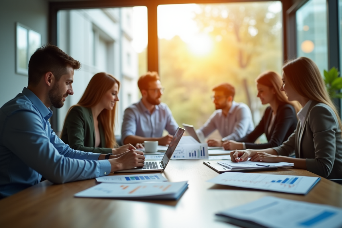 Espace de travail moderne avec professionnels analysant des graphiques financiers