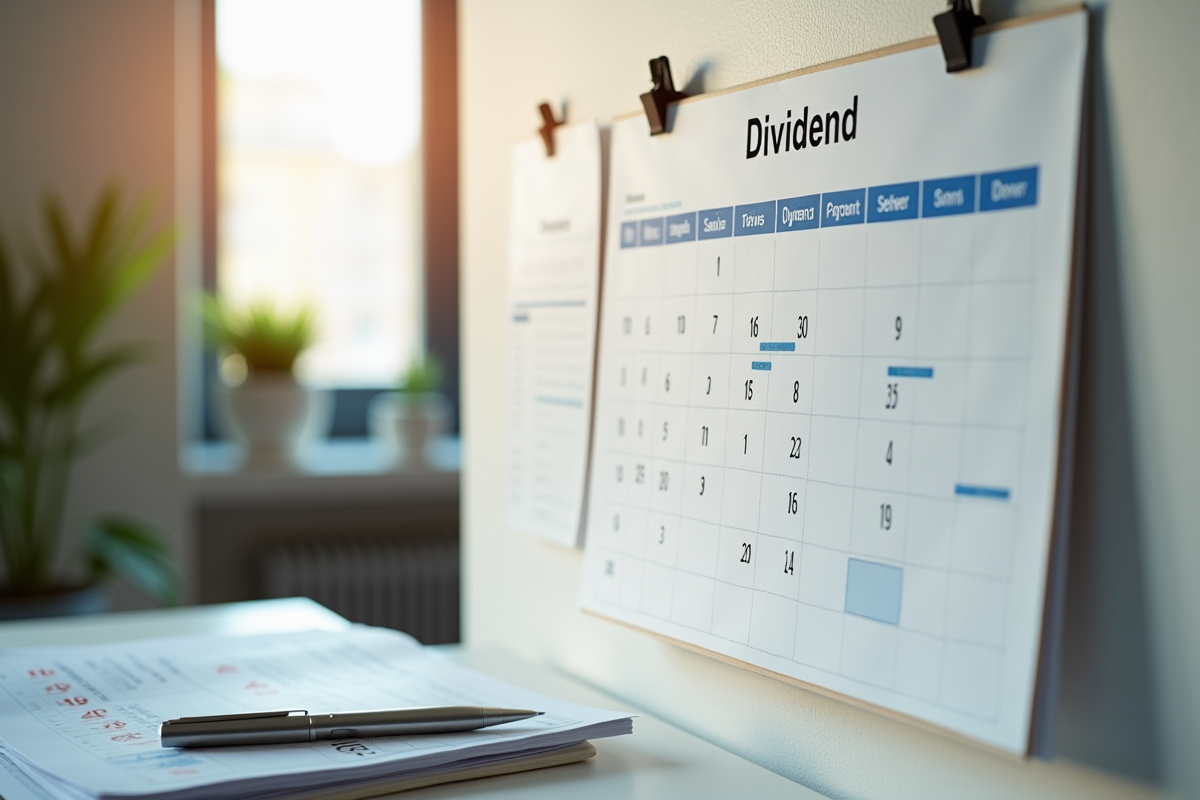 Calendrier avec dates de dividendes et de ventes en office moderne
