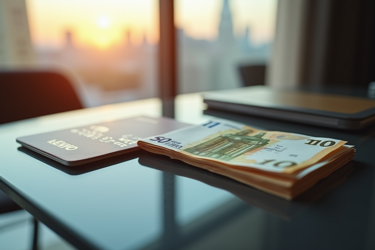Carte de crédit luxe avec passeport et billets d euros près d une fenêtre