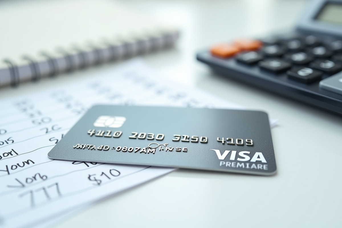 Zoom sur une carte Visa Premier avec calculatrice et carnet de notes