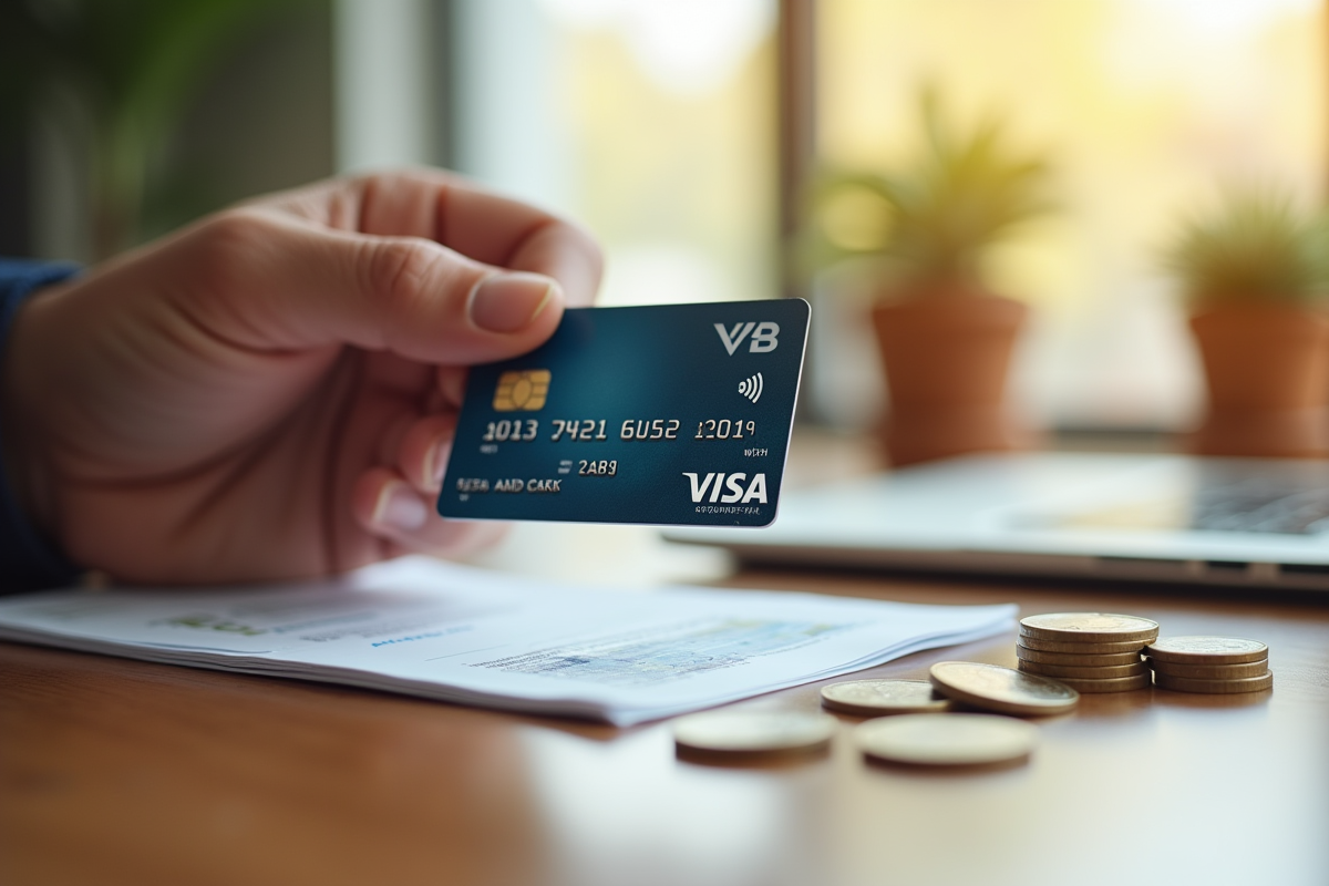 Main tenant une carte Visa Premier sur une table en bois avec pièces et relevé
