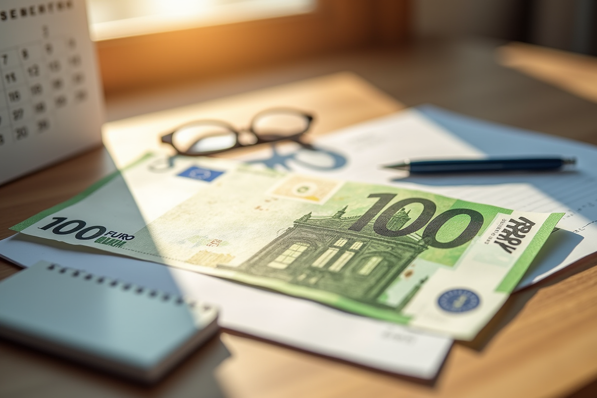 Cheque de 100 euros sur une table en bois avec calendrier et stylo