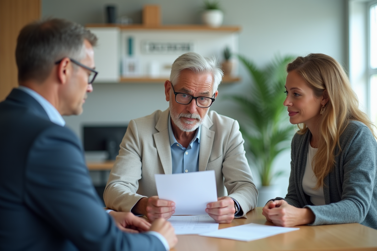 Conseiller bancaire confiant discutant avec un couple dans un bureau lumineux