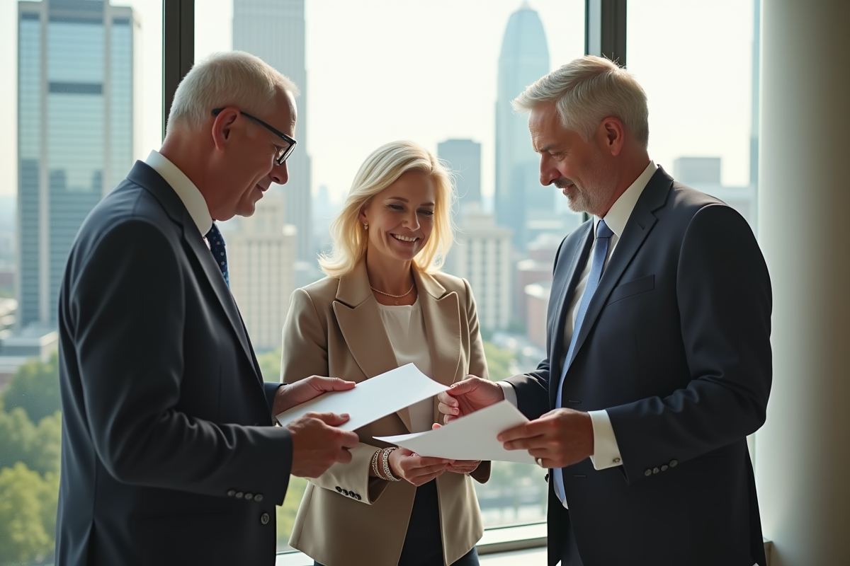 Conseiller financier confiant avec un couple dans un bureau lumineux