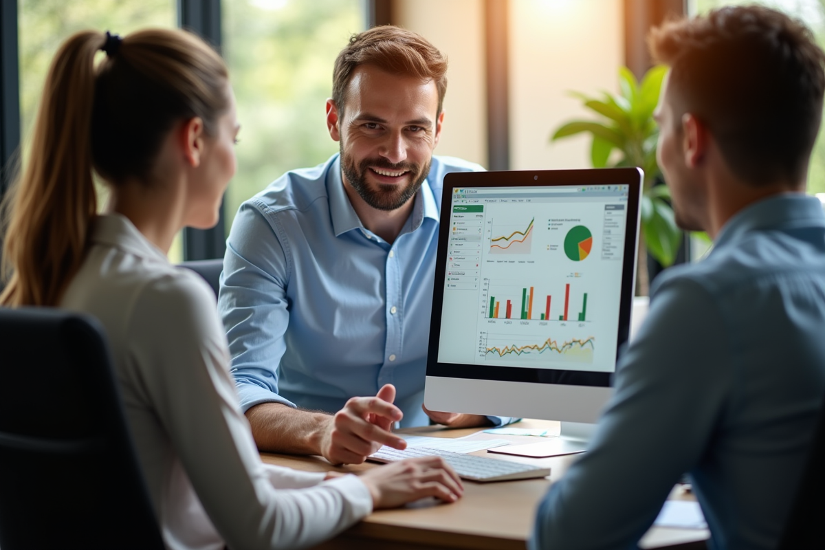 Conseiller financier montrant des graphiques lors d