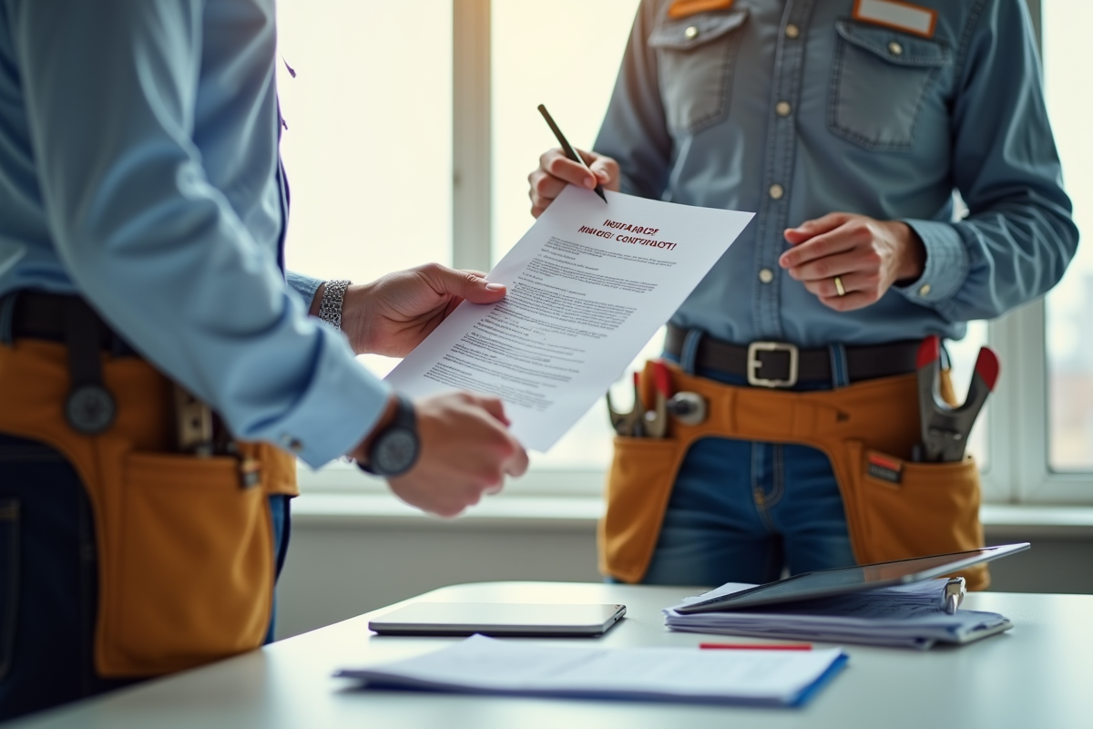 Main d’un agent d’assurance remettant un contrat à un entrepreneur souriant