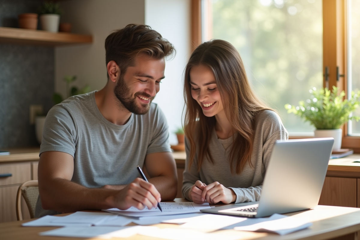 Jeune couple calculant leurs finances à la cuisine