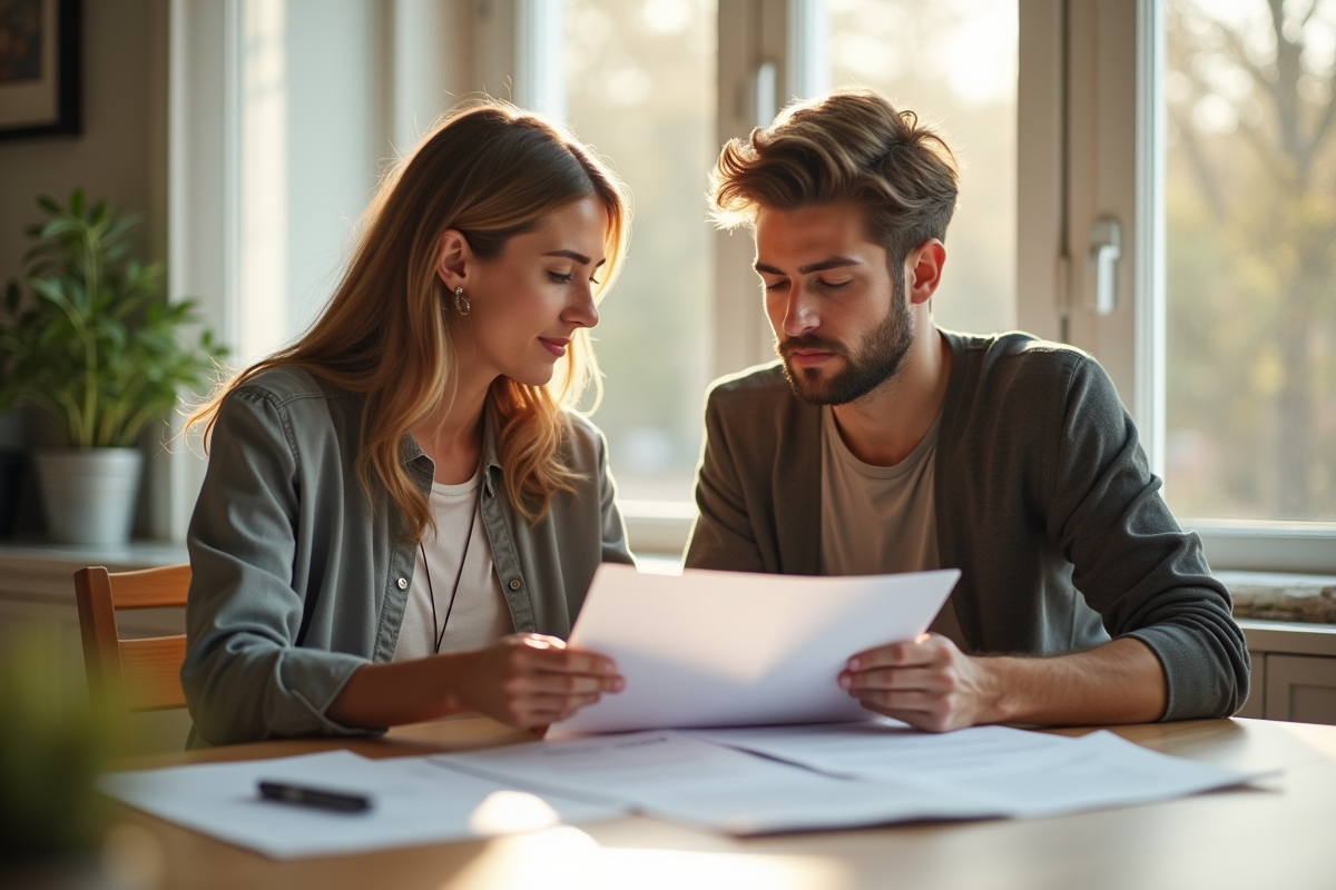 Jeune couple examinant des documents financiers à la maison