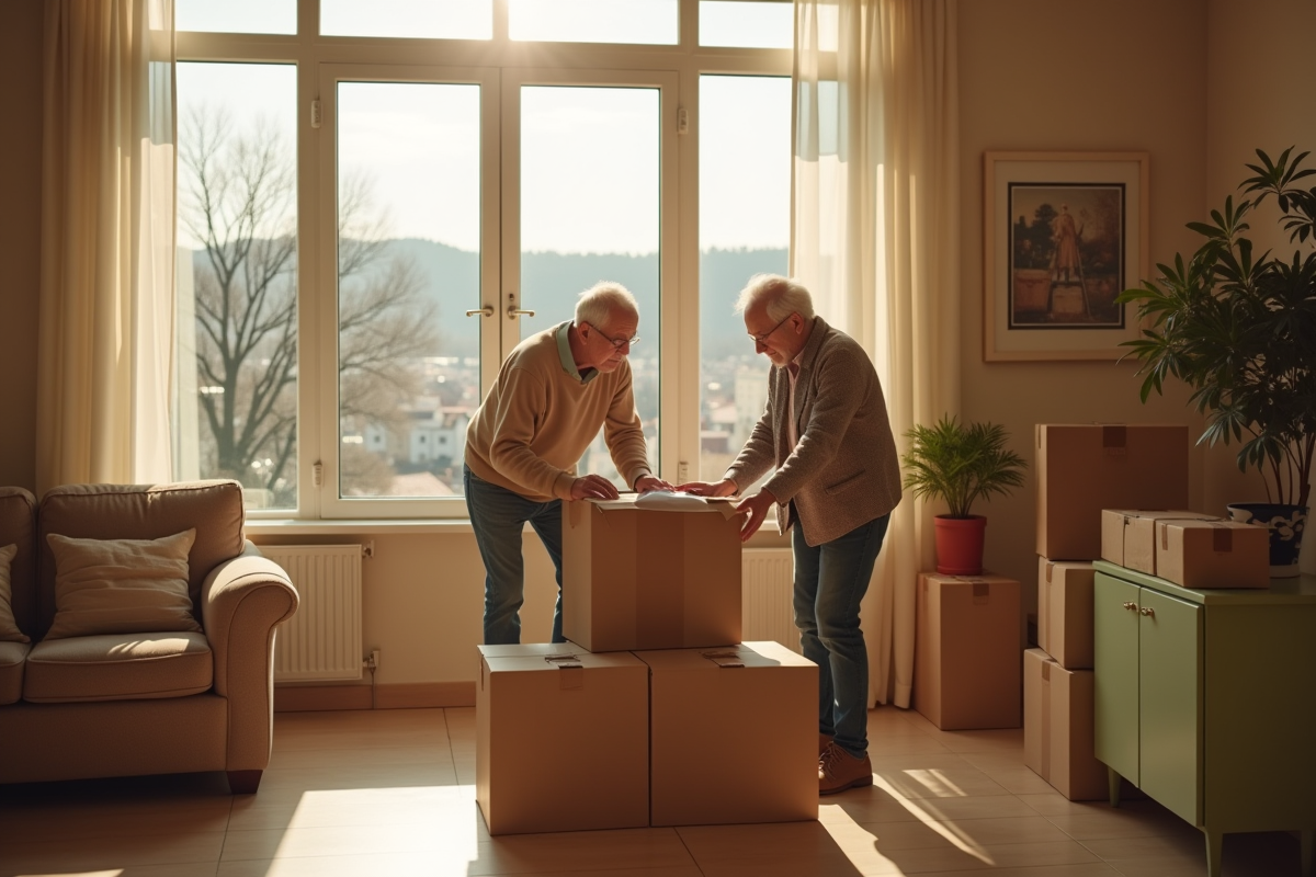 Couple âgé déballant des cartons dans un salon lumineux en France