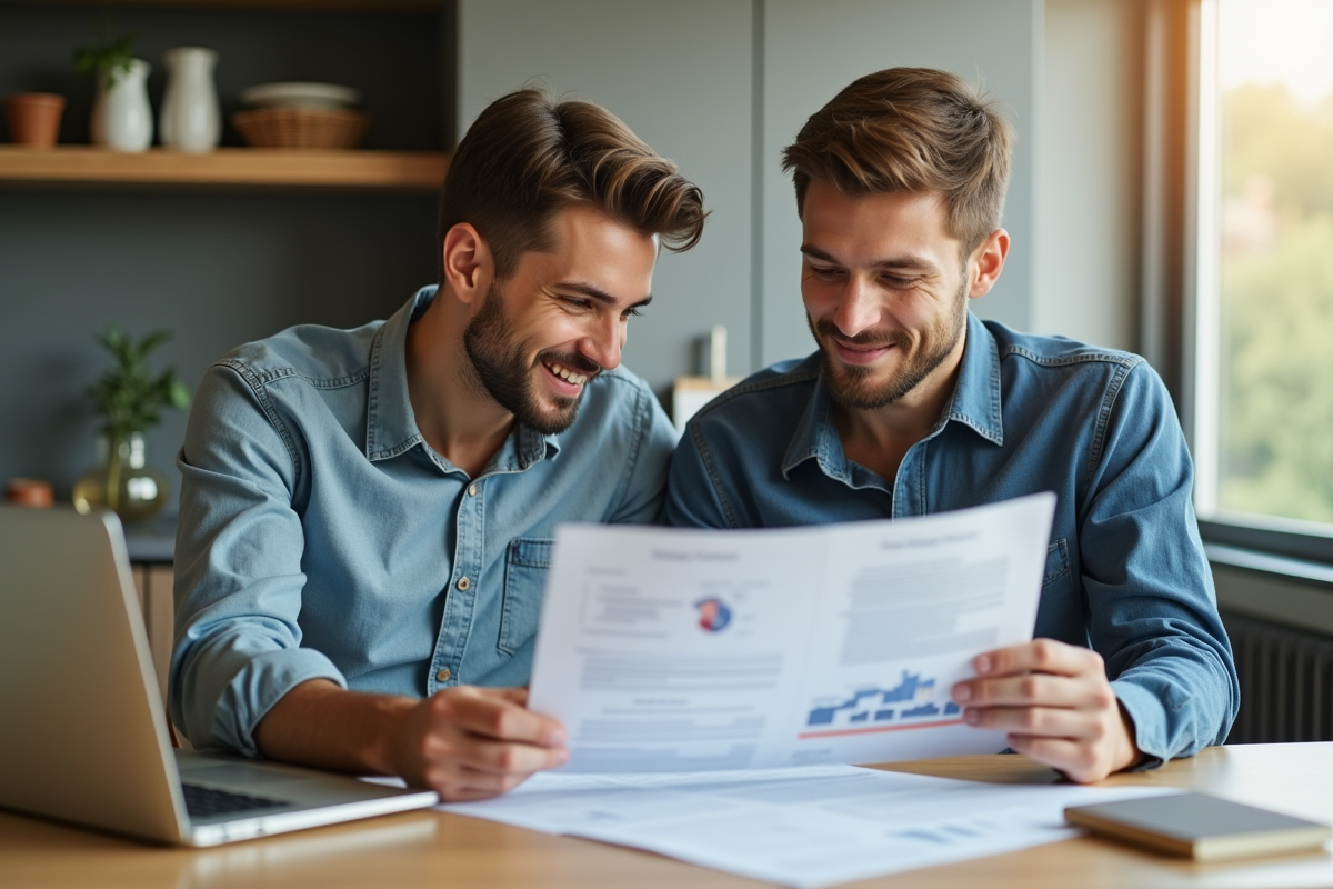 Jeune couple confiant à la cuisine avec documents financiers