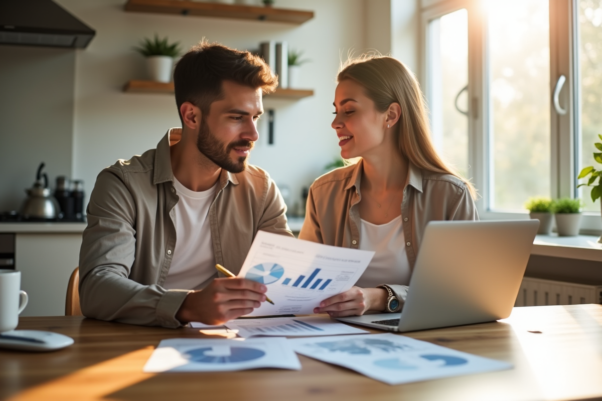 Jeune couple professionnel analysant des documents financiers