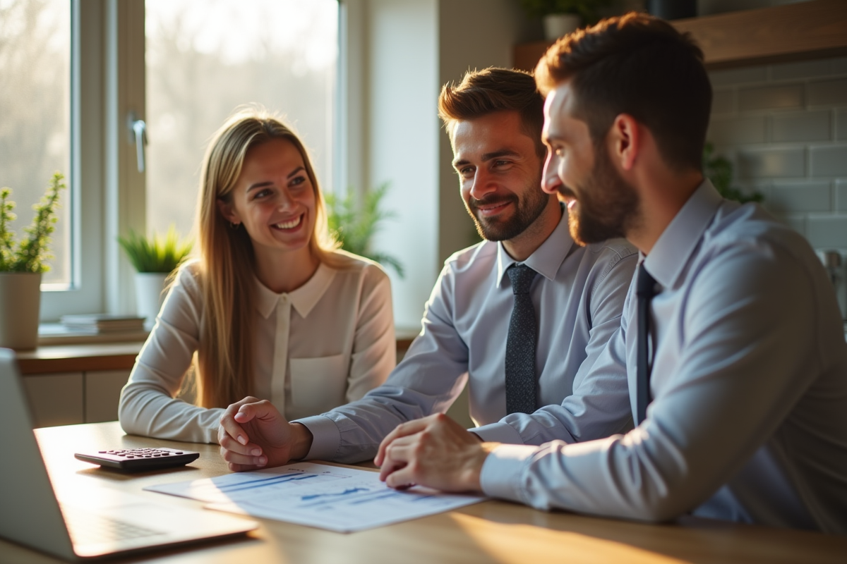 Couple bien habille assis à une table moderne avec un ordinateur et documents de prêt immobilier