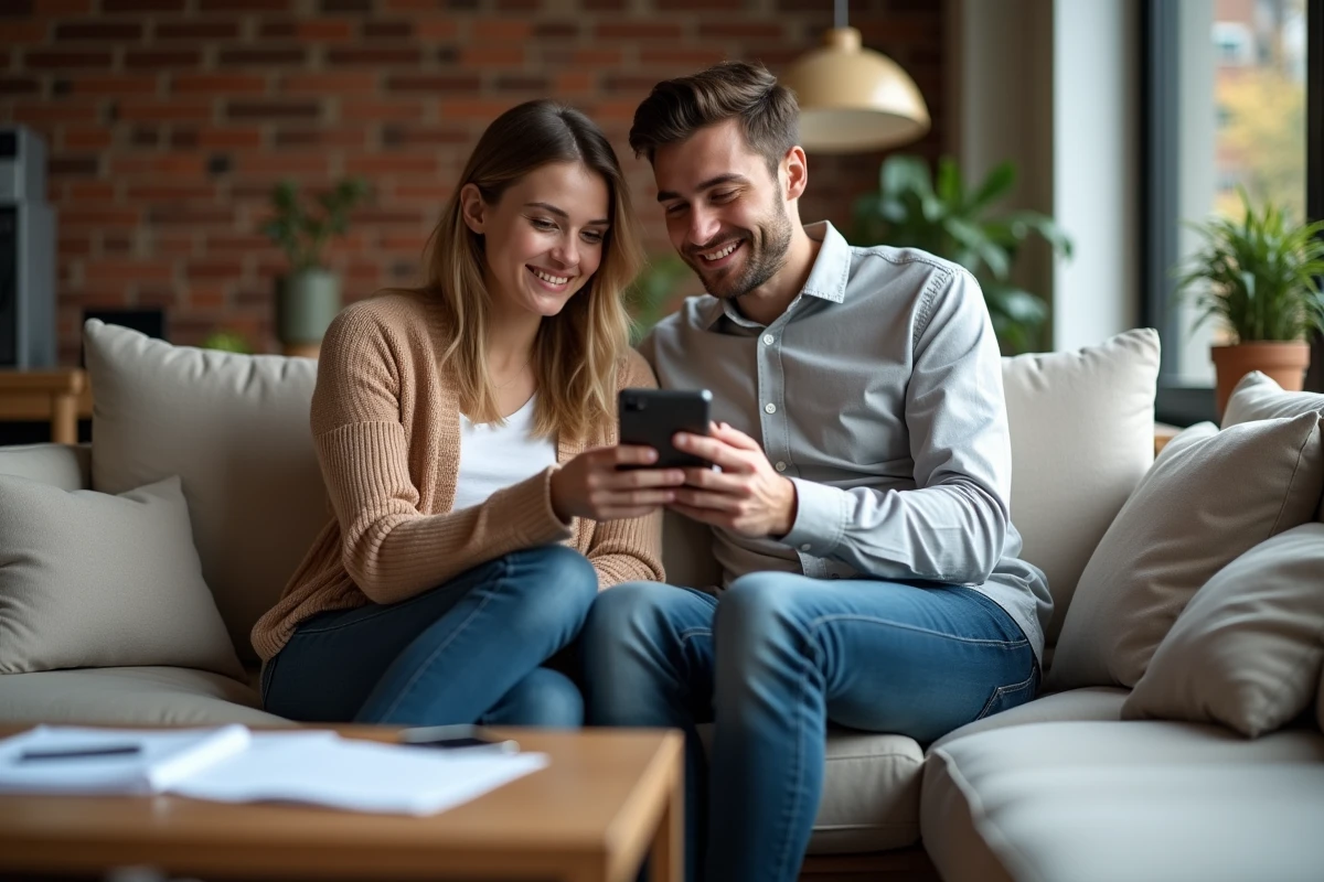 Couple consultant leur espace bancaire LCL sur smartphone depuis leur salon, illustrant la gestion numérique du compte au quotidien