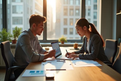 Jeune couple d'investisseurs dans un bureau lumineux