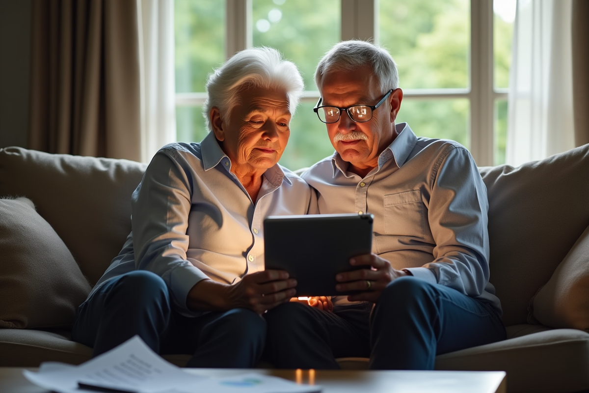 Couple mature regardant une tablette dans le salon lumineux