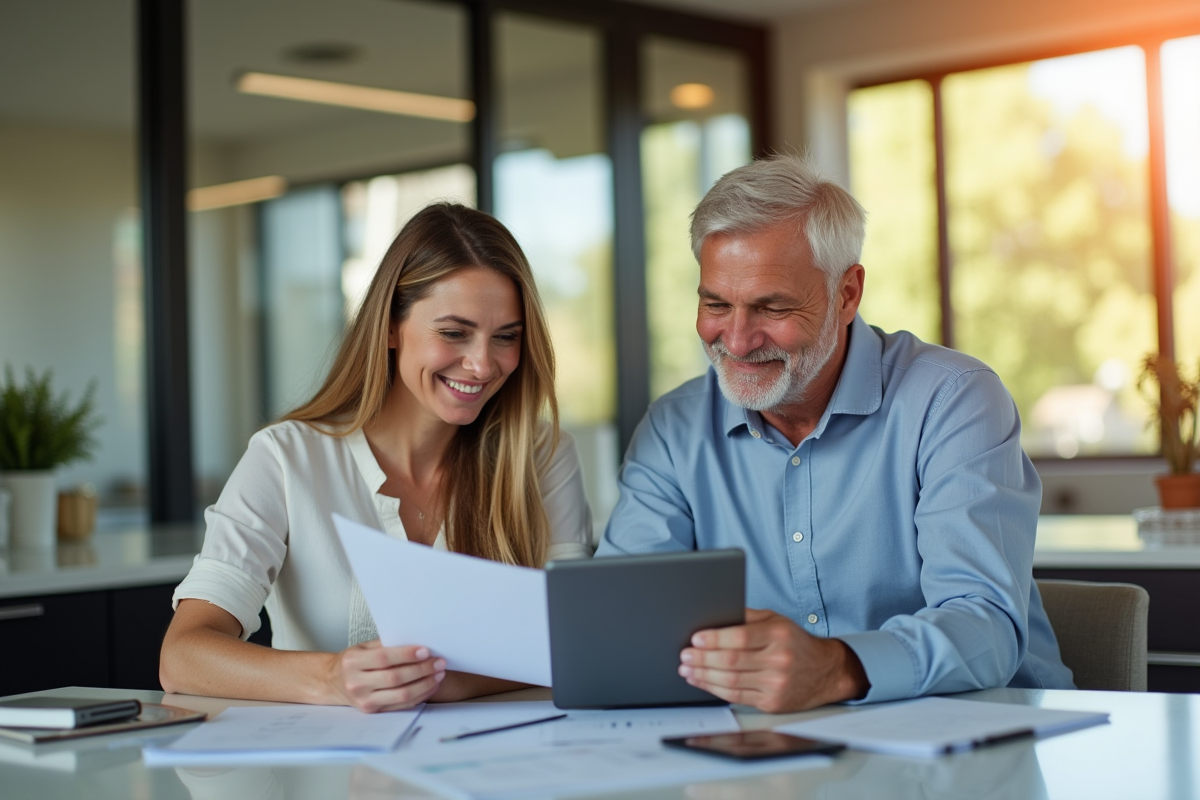 Couple senior confiant analysant des documents financiers