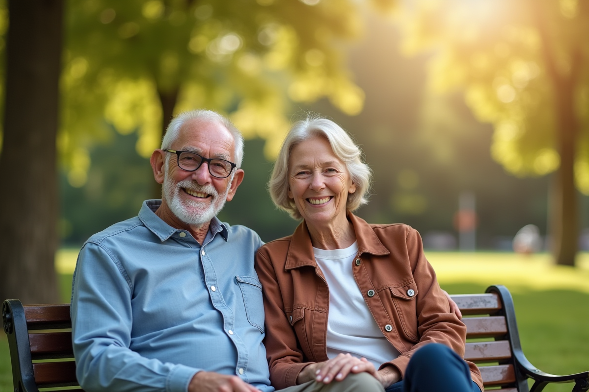 Couple senior souriant assis sur un banc dans un parc