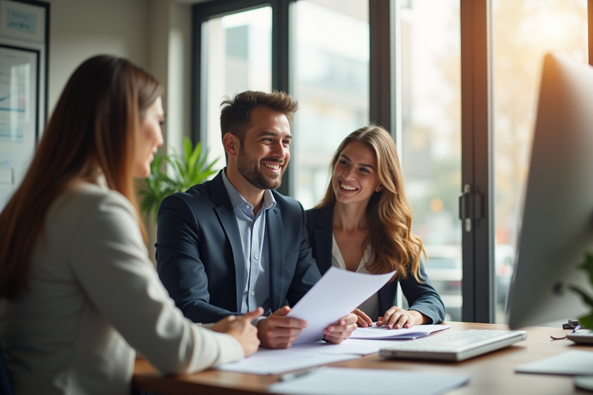Couple souriant rencontrant un conseiller en assurance dans un bureau lumineux