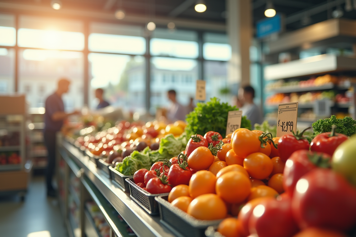 Épicerie avec étiquettes de prix en hausse à la caisse