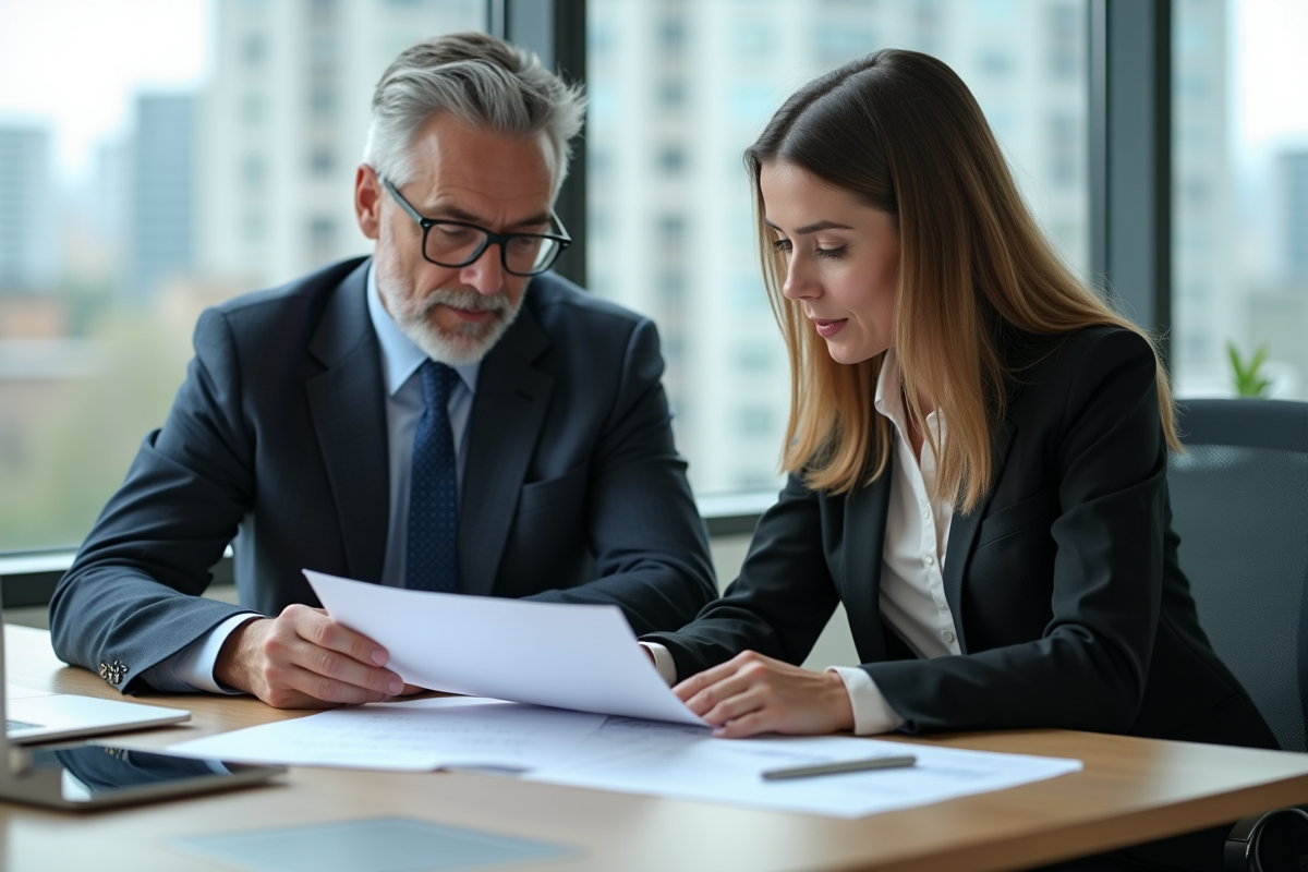 Homme et femme d affaires discutant de documents financiers dans un bureau moderne