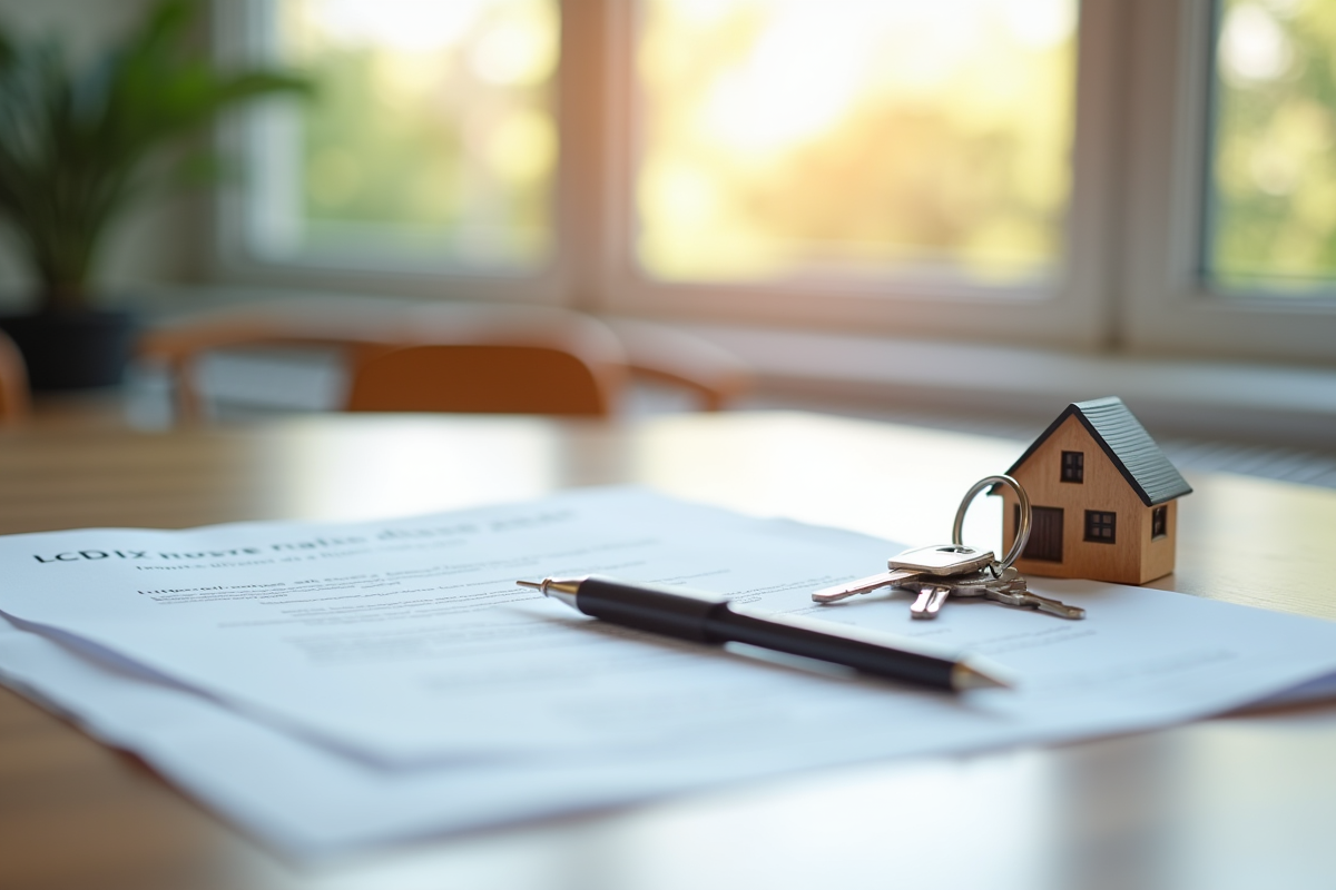 Documents officiels et clés de maison sur une table en bois près d