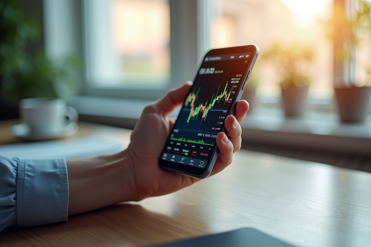 Main tenant un smartphone affichant un graphique boursier en baisse