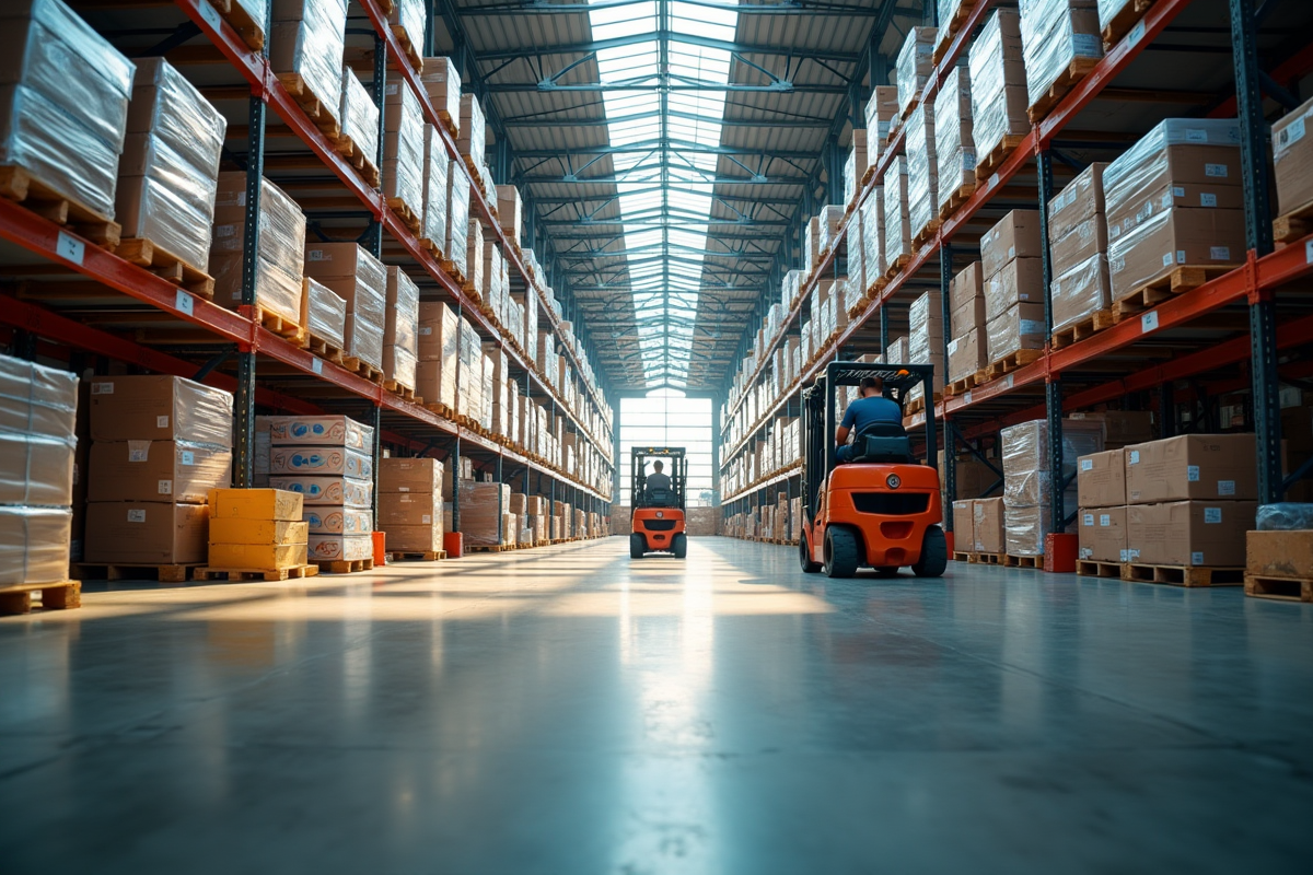 Un entrepôt industriel rempli de marchandises et de travailleurs en action