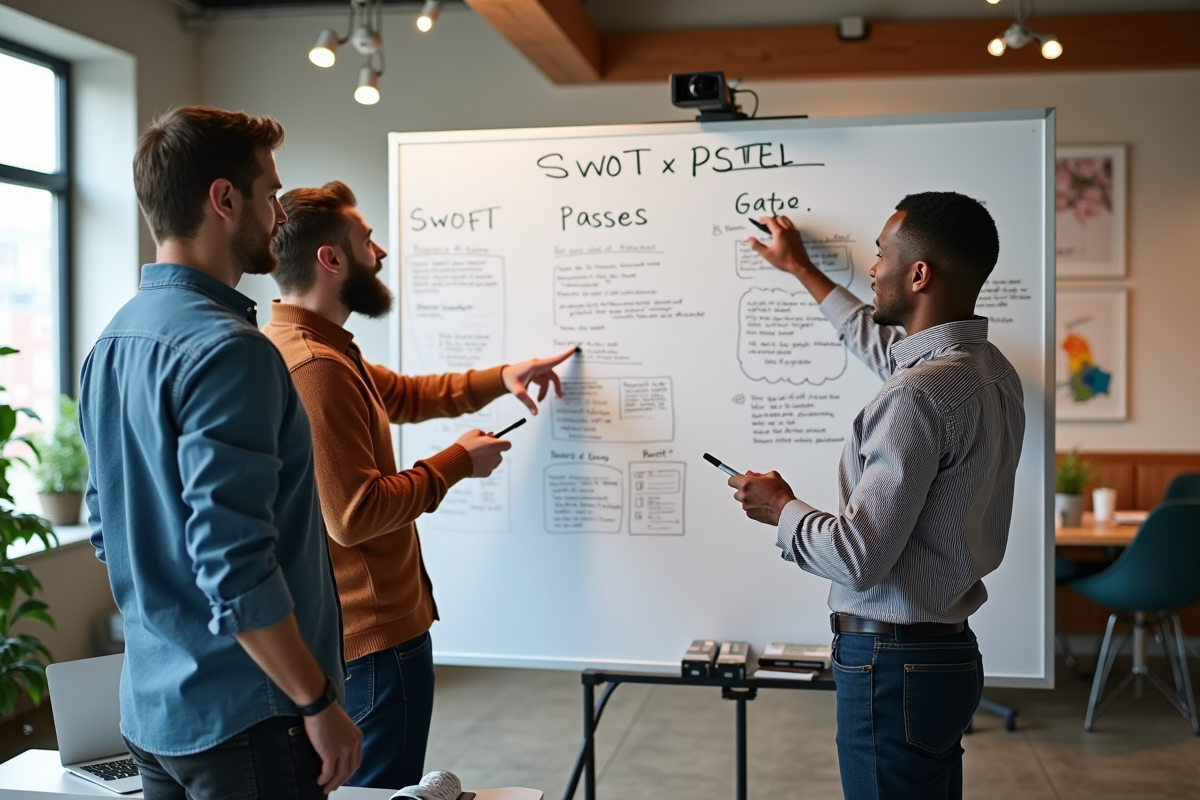 Equipe diverse discute stratégie devant tableau blanc