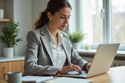 Femme utilisant l'Espace Particulier LCL sur son ordinateur portable dans un bureau à domicile moderne et organisé