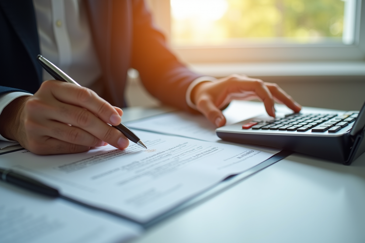 Espace de travail professionnel avec personne examinant documents d'assurance