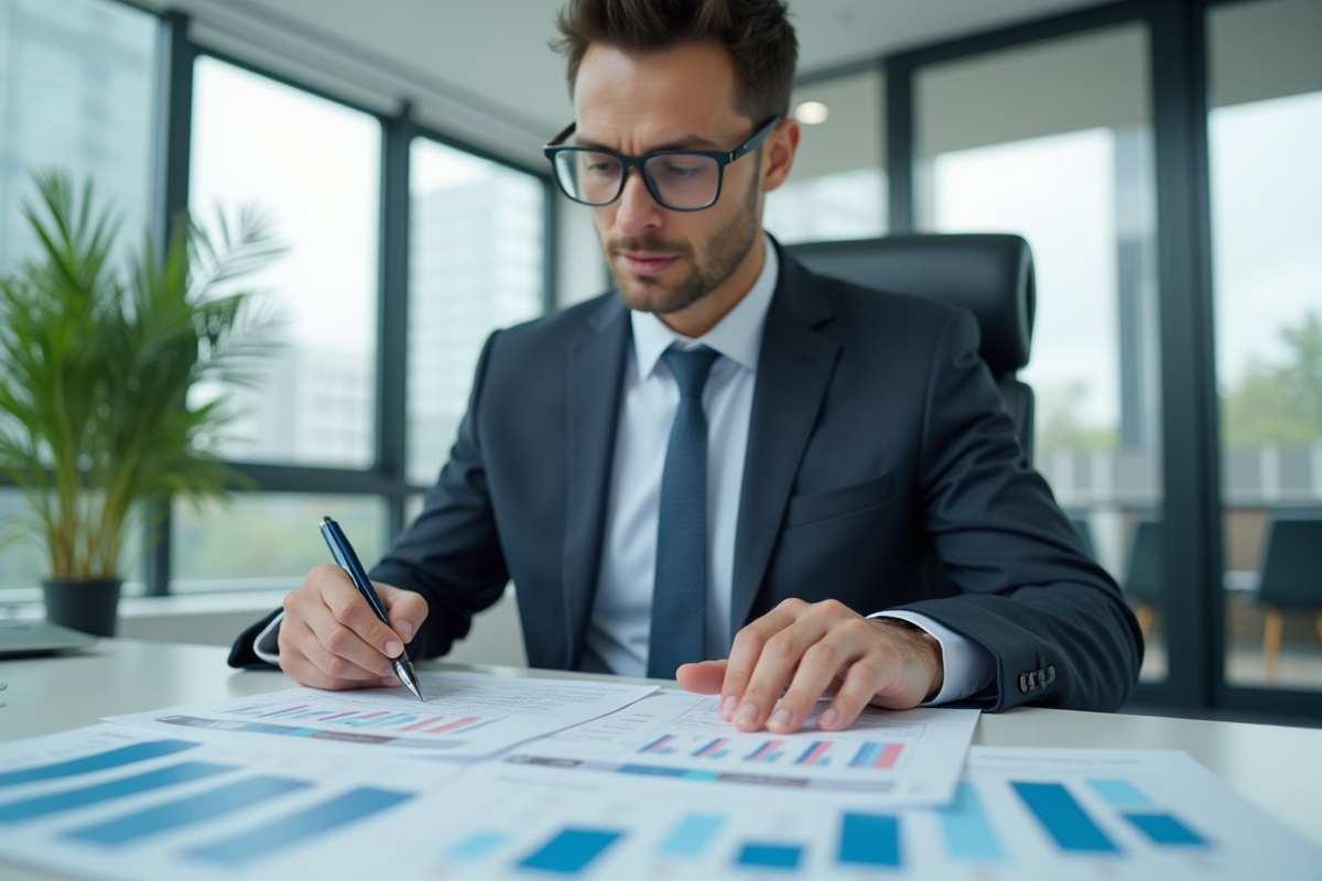 Cadre d'entreprise examinant des documents financiers dans un bureau lumineux