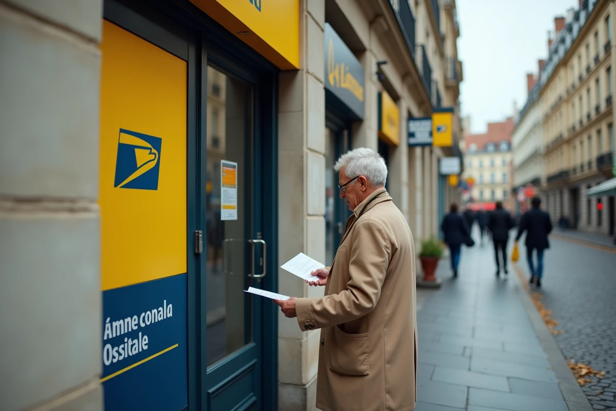 Façade d'une agence La Banque Postale avec un client consultant un courrier avant d'entrer pour résoudre un problème de compte bloqué