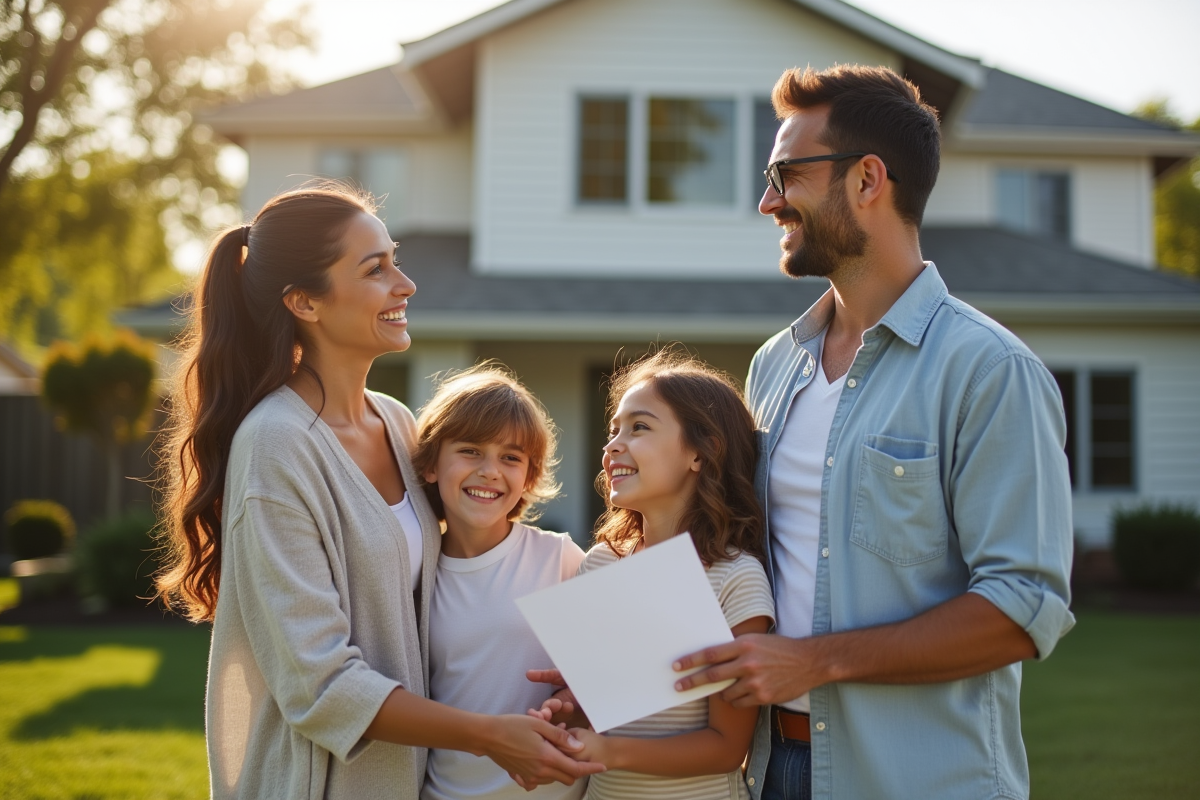 Une famille souriante devant leur maison avec des documents d