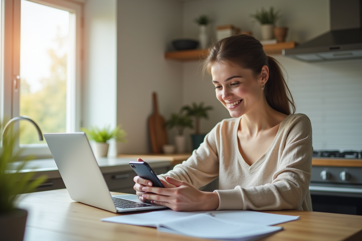 Jeune femme souriante utilisant son smartphone pour acheter une voiture d'occasion