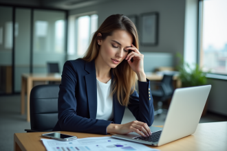 Femme d'affaires en bureau moderne avec ordinateur et documents