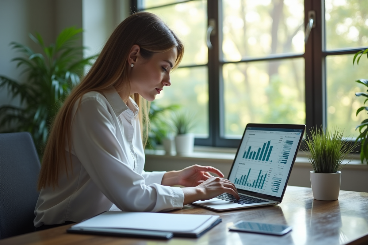 Femme d'affaires analysant des graphiques financiers au bureau