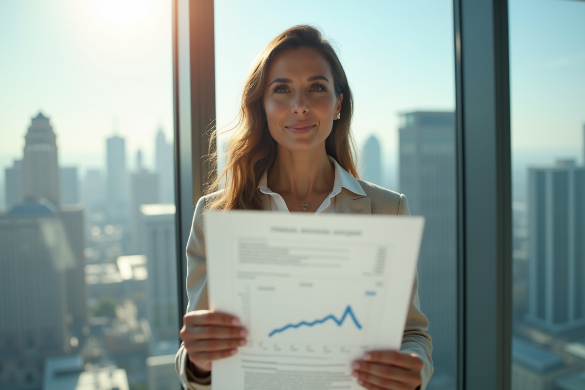 Femme d'affaires confiante avec document financier et graphique en baisse