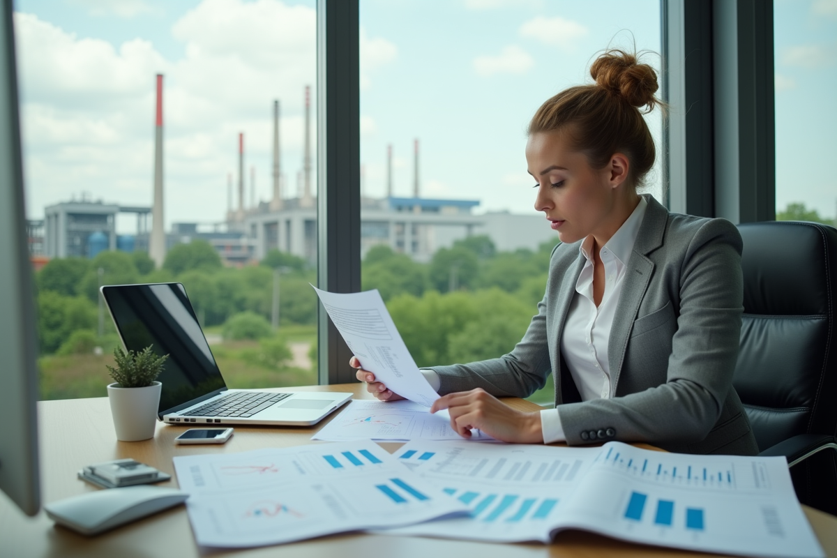 Femme d'affaires analysant des documents d'émissions et graphiques