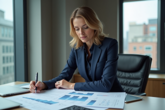 Femme d'affaires concentrée avec rapports financiers